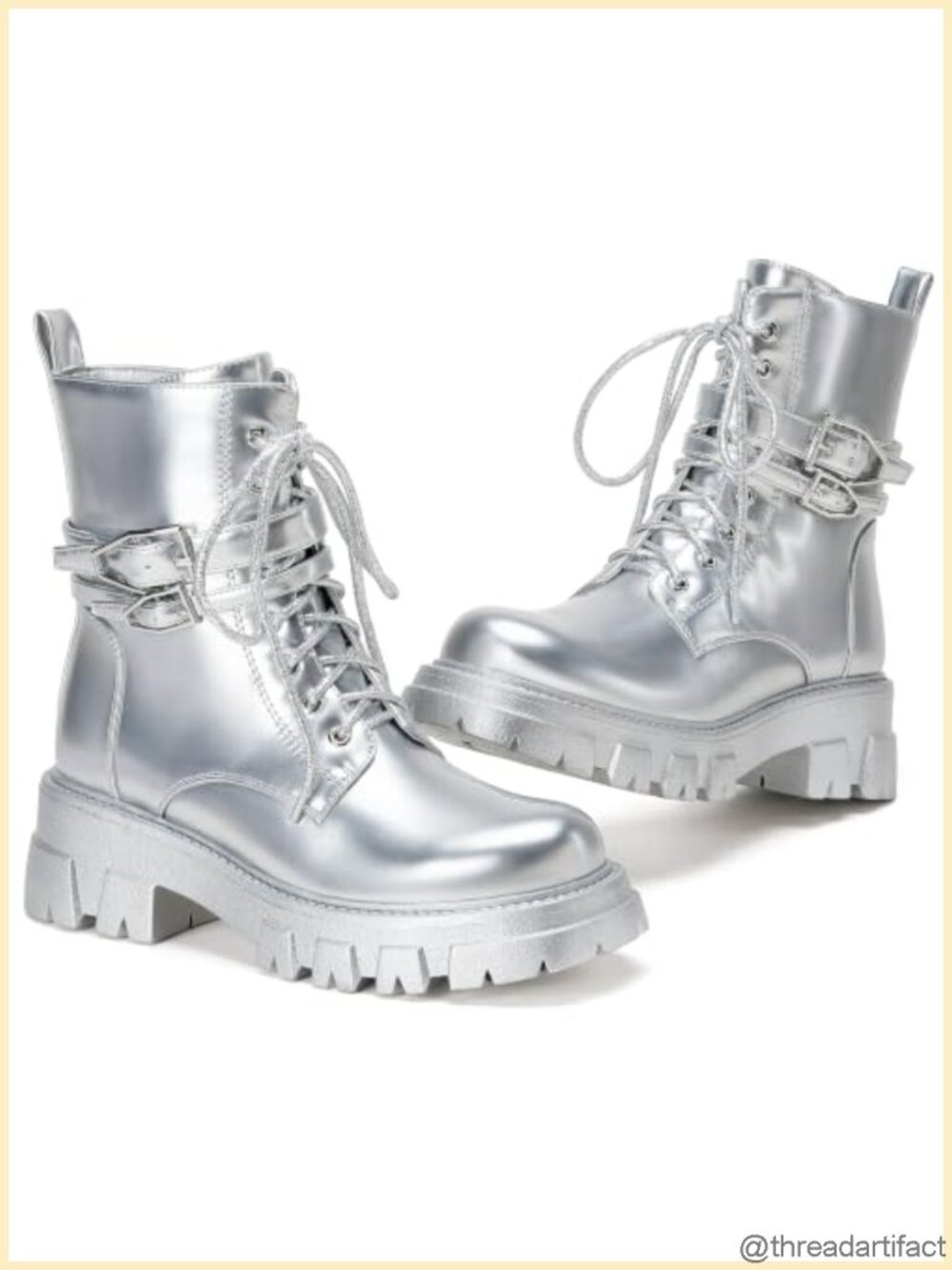 Women's Combat Ankle Boots Lug Sole Buckle Vegan Leather - Picture 3 of 6